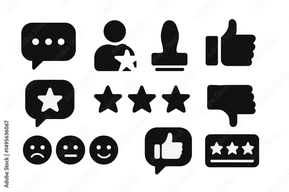 Poster collection of black icons representing user feedback and rating systems for online platforms