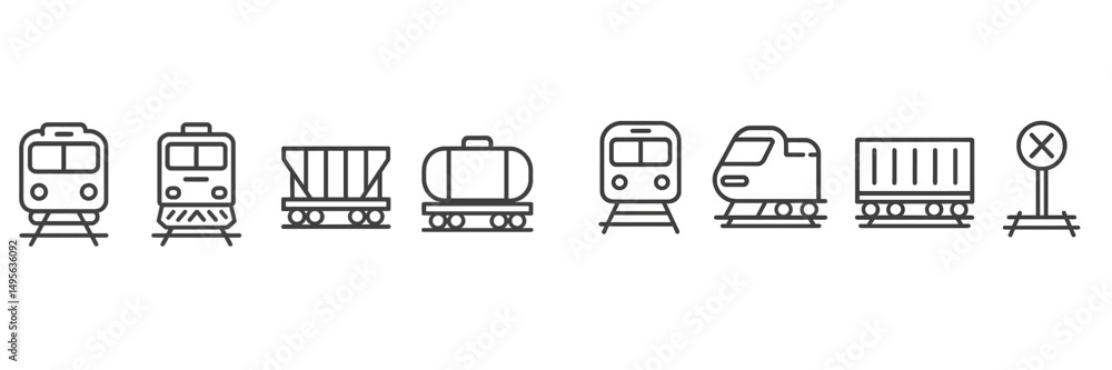 Poster collection of train icons illustrating various rail vehicles and signals in a simple, minimalist des