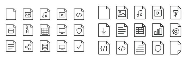A variety of simple black and white icons representing different file types, including images, audio, video, and documents