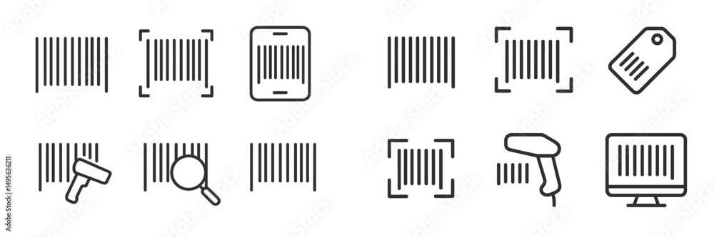 Poster Various barcode scanning methods in a simple black and white design showing technology used in retail and inventory management