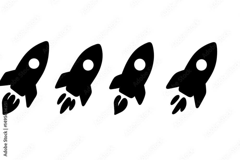 Aufkleber rocket designs in black silhouette showcasing sequential launching motion on a plain background