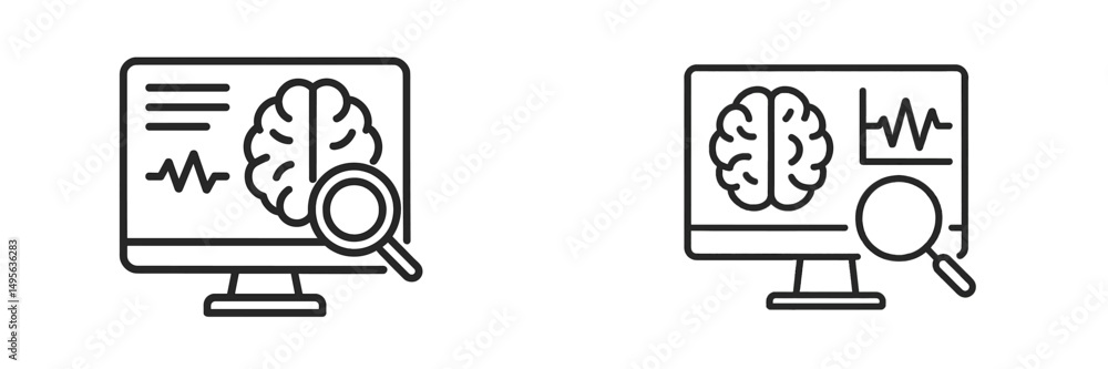 Poster computer screens displaying brain analysis symbols with magnifying glasses in a digital environment