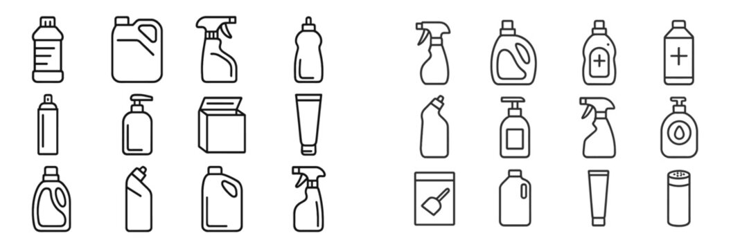 Various containers and bottles for cleaning products displayed in a neat layout on a white background