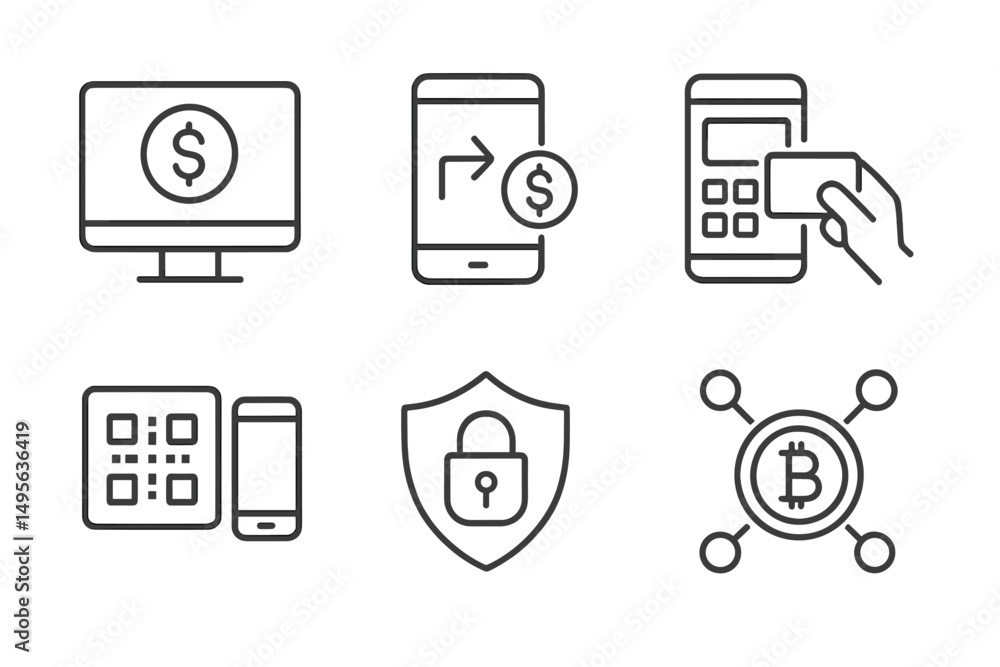 Poster Various icons representing digital finance transactions and cybersecurity measures