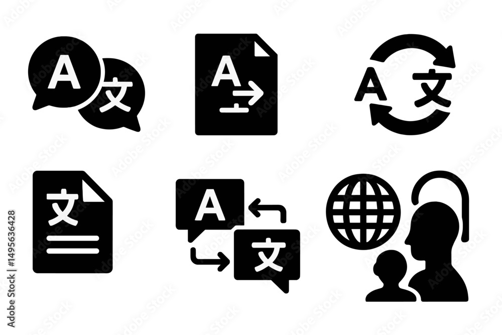 Poster various black icons depicting translation and multilingual communication concepts