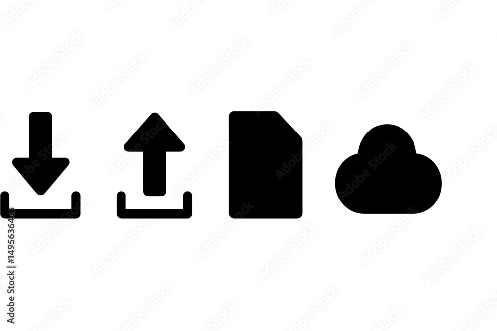 Poster collection of data transfer icons representing download, upload, file type, and cloud storage in a m