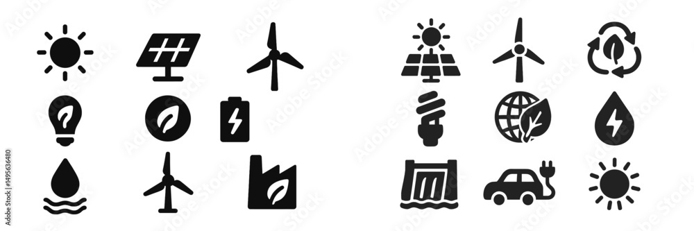 Poster collection of energy-related symbols depicting renewable and sustainable resources and technologies 