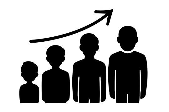 Growth stages of human development illustrated through silhouettes of children and adults showing progression over time
