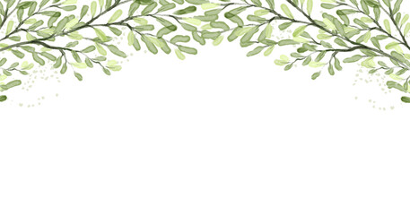 Floral border with watercolor tree branches and leaves. Abstract plant frame, nature background. Vector illustration