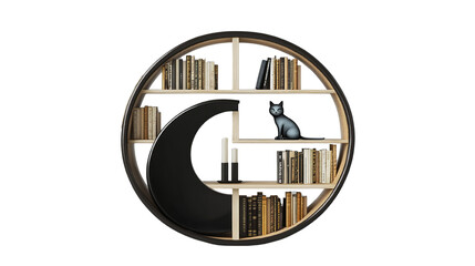 Elegant circular bookshelf with decorative elements on black background
