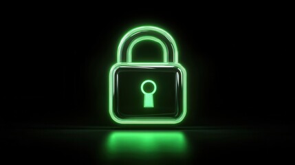 glowing green padlock icon symbolizes data protection and security in dark environment, evoking sense of safety and trust.