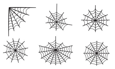 Hand Drawn Spider Web Vector Silhouettes Set – Halloween Cobweb Elements Isolated on White Background for Scary Decorations and Spooky Designs