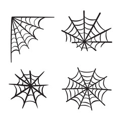 Hand Drawn Spider Web Vector Silhouettes Set – Halloween Cobweb Elements Isolated on White Background for Scary Decorations and Spooky Designs