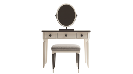 Elegant Vanity Table with Oval Mirror and Stool on a Clean Black Backdrop