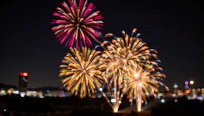 Fototapeta premium against the inky blackness of the night, the golden bokeh and fireworks come together in a breathtaking display of light and color, creating a scene that is truly enchanting and unforgettable.