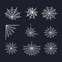 Hand Drawn Spider Web Vector Silhouettes Set – Halloween Cobweb Elements Isolated on Dark Background for Scary Decorations and Spooky Designs