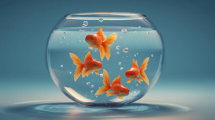 Vibrant scene featuring cartoon goldfish swimming joyfully in round glass bowl filled with clear water, surrounded by bubbles. playful nature of fish adds cheerful atmosphere