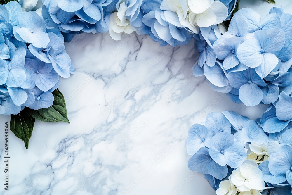 Poster blue and white hydrangeas arranged on a marble background, creating a frame with copy space.