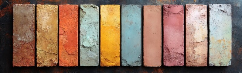 A crow of colorful painted bricks on a black surface