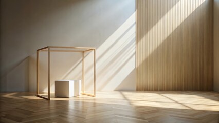 Obraz premium Sunlit Minimalist Room with Wooden Accents and a White Cube Display