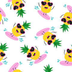 Seamless pattern with cartoon pineapple is surfing in the sea, vector