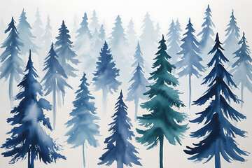 Obraz premium Watercolor painting of a misty blue pine forest