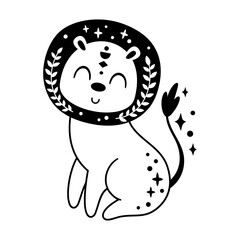 Leo Zodiac Sign in black and white color - celestial horoscope design. Adorable hand drawn vector illustration in cartoon flat style.