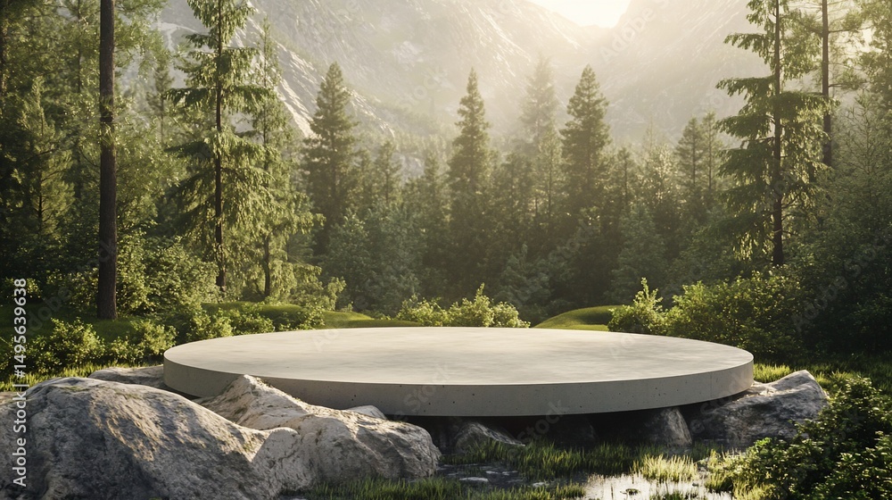 Poster circular concrete platform in a serene forest setting with mountains in the background.