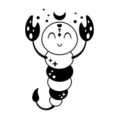 Scorpio Zodiac sign clipart - black and white horoscope design for kids. Celestial hand drawn vector illustration in cartoon flat style.
