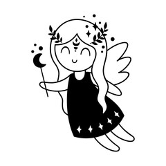 Virgo Zodiac Sign in black and white color - celestial horoscope design. Adorable hand drawn vector illustration in cartoon flat style.