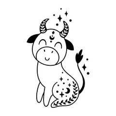 Black and white Taurus Zodiac Sign - celestial horoscope design. Adorable hand drawn vector illustration in cartoon flat style.