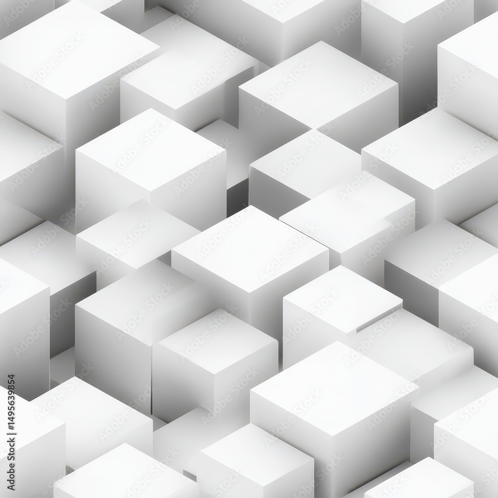 Poster abstract composition of white cubes arranged in varying heights and perspectives creating a visually