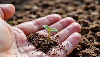 Close-up of a hand holding soil with a small green sprout emerging from the earth in natural sunlight representing growth and sustainability concept