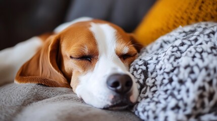 A sleepy beagle wrapped in a fluffy scarf, looking drowsy