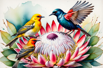 Obraz premium Birds on a blooming protea flower, ideal for spring nature visuals, South African wildlife, or floral appreciation themes. 