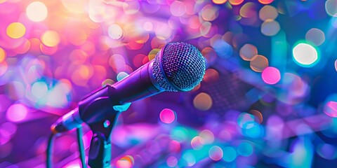 A dynamic microphone on a stand against a dazzling background of vibrant, colorful bokeh lights from a live music concert or show