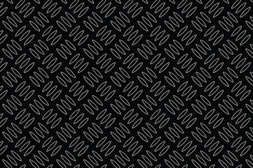 Black and white diamond plate texture pattern with repeating geometric shapes. Industrial metal surface design for flooring, vehicle steps, or machinery. Stark, minimalist, and non-slip.