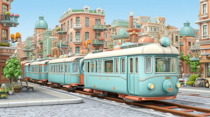 Obraz premium Charming cartoon train arrives at small city station, surrounded by colorful buildings and vibrant street life, creating delightful and inviting atmosphere