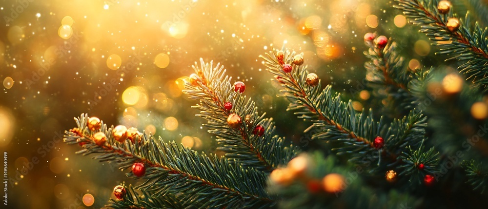 Poster illuminated evergreen branches with berries and bokeh lights.