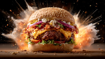 Vibrant comic style burger bursting with toppings, featuring layers of cheese, bacon, lettuce, and tomatoes, set against dramatic explosion backdrop that enhances its appeal