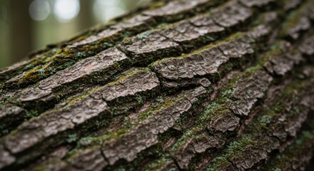 Close-up of tree bark texture showing ridges and green moss.