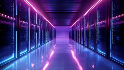 Futuristic neon-lit data corridor with glowing purple and blue lights