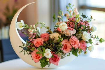 Dreamlike Vase Shaped Like A Crescent Moon Cradling A Colorful Blooming Floral Arrangement Varient 5