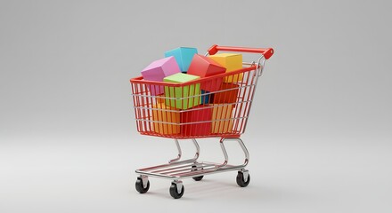 Colorful Gift Boxes Overflowing in a Red Shopping Cart A 3D Render