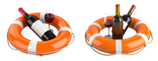 Alcohol Addiction Concept Wine Bottle and Glass Inside Lifebuoy 3D Render Isolated transparent background PNG.jpg