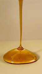 Golden Honey Pouring and Forming a Puddle on a Light Beige Surface
