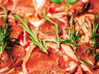 Premium quality marinated lamb loin chops and rosemary herb on white background. Uncooked raw meat on the bone in red color water based marinade to enhance dish taste.