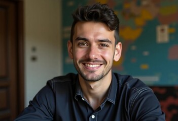 A cheerful Belarusian man in his twenties sports a radiant smile while seated comfortably in a cozy room adorned with colorful decor. His relaxed demeanor exudes confidence and warmth Generative AI
