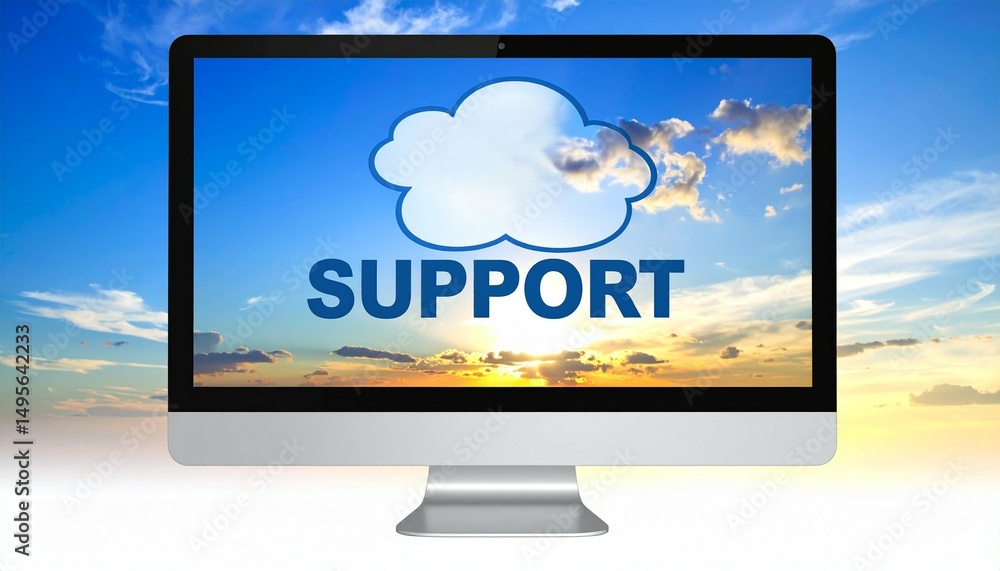 Poster cyberbullying prevention concept. computer monitor displaying cloud support with a sky background.