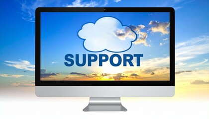 Cyberbullying Prevention concept. Computer monitor displaying cloud support with a sky background.